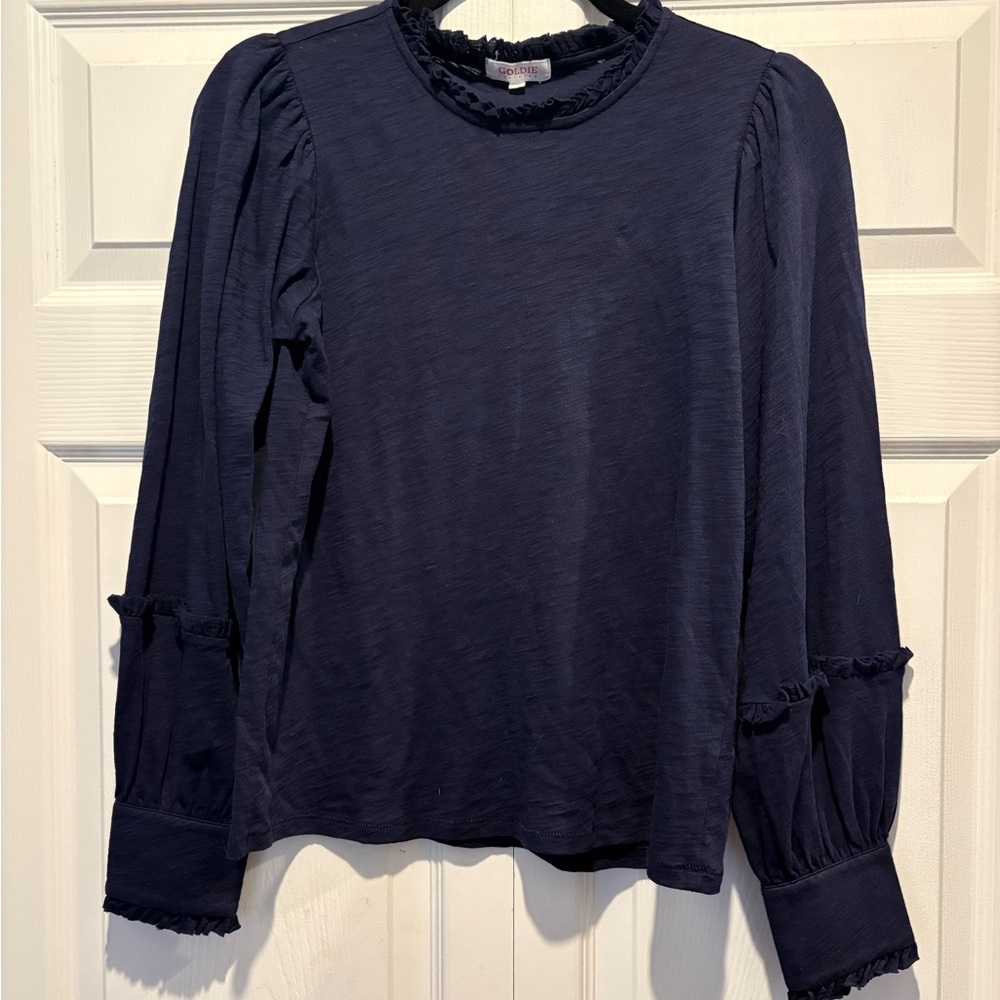 Goldie Lewinter ruffle navy blue long sleeve women’s top Pima cotton size S